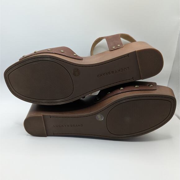Lucky Brand Zashti Brown Leather Wedge Strappy Studded Open Toe Sandals Size 10 - Picture 7 of 9